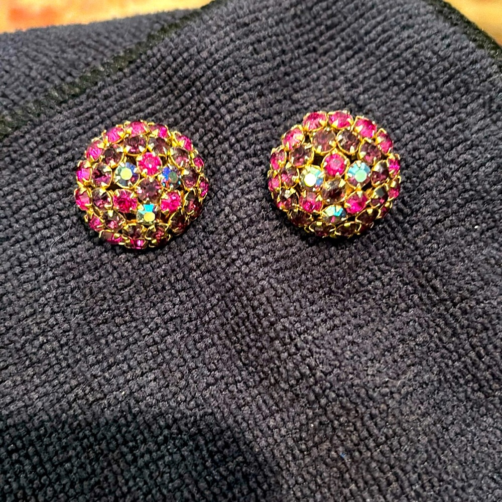 Kramer signed brand clip on earrings. Dome shaped with multi  colored stones 1”